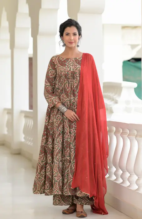red kalamkari anarkali set